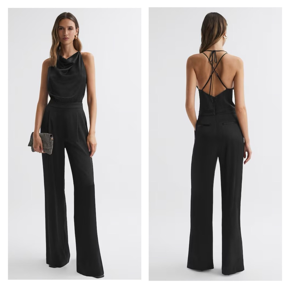 New! REISS Malia Cowl Neck Open Back Satin Jumpsuit In Black - Picture 1 of 11